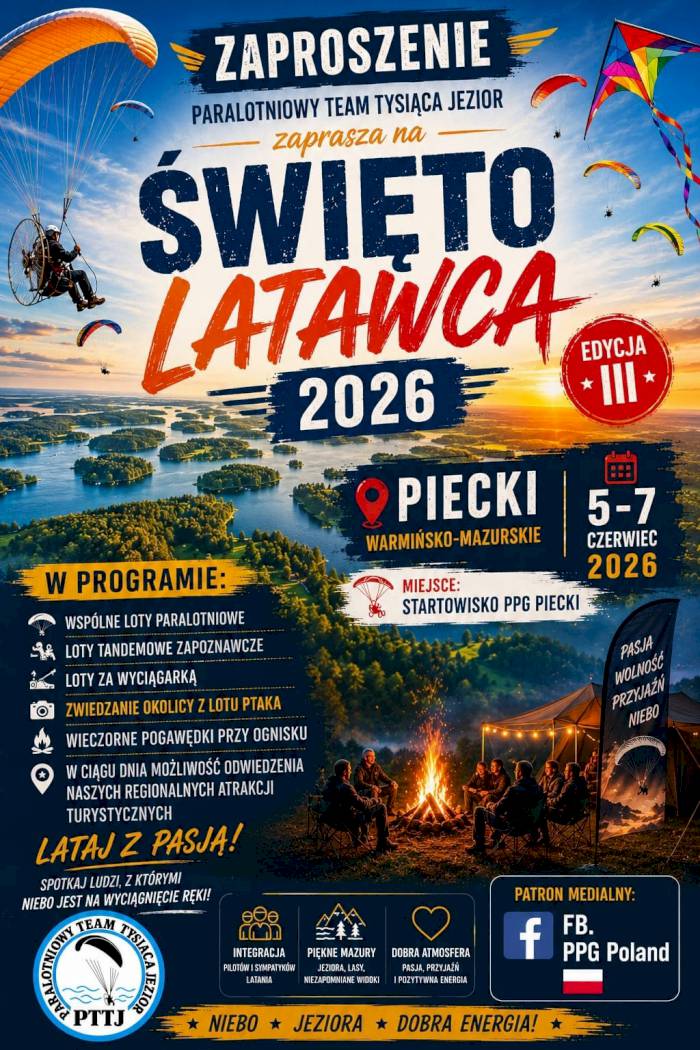 Święto Latawca 2026 w Pieckach! Trzecia edycja paraglidingowego szaleństwa na Mazurach