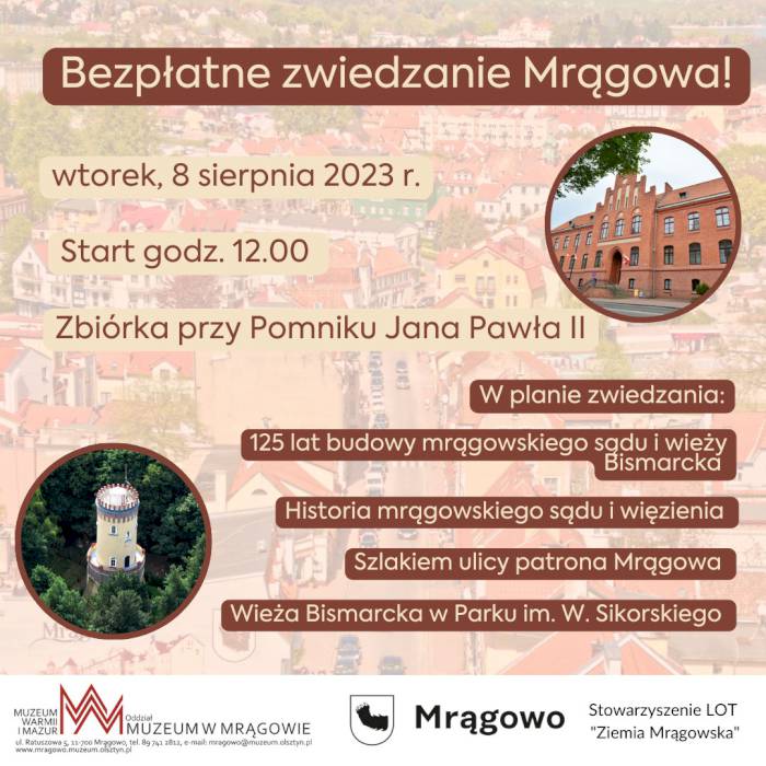 Bezpłatne zwiedzanie Mrągowa. 125 lat budowy mrągowskiego sądu i wieży Bismarcka